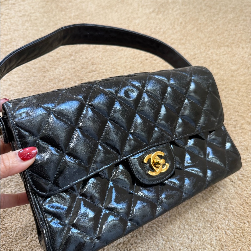 Chanel Double Flap black Patent Quilted Shoulder Bag - Picture 7 of 17